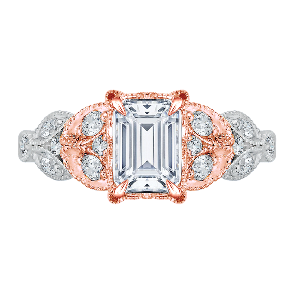 14K TwoTone Gold Emerald Diamond Floral Engagement Ring (SemiMount