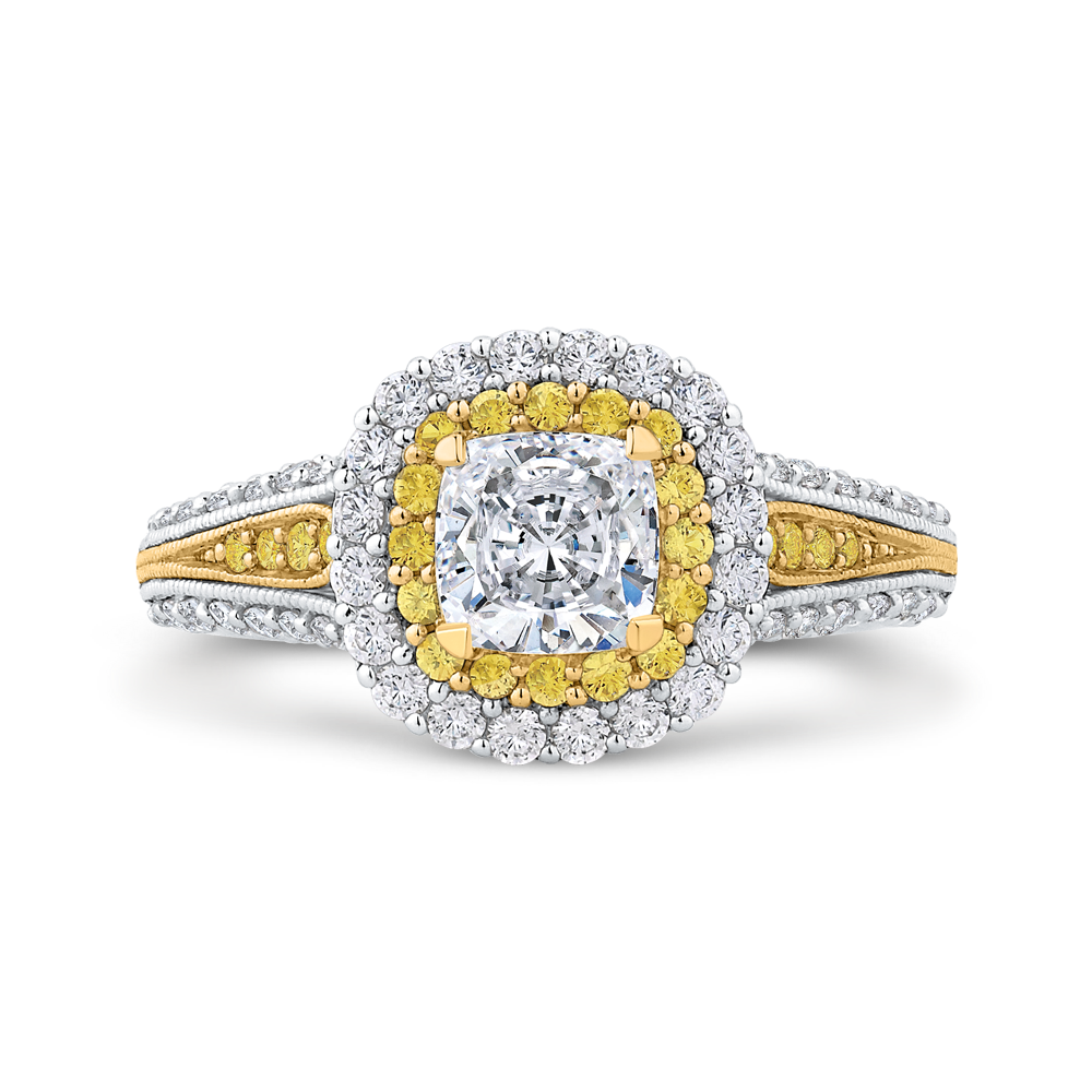 14K Two Tone Gold Cushion Cut Diamond Double Halo Engagement Ring with