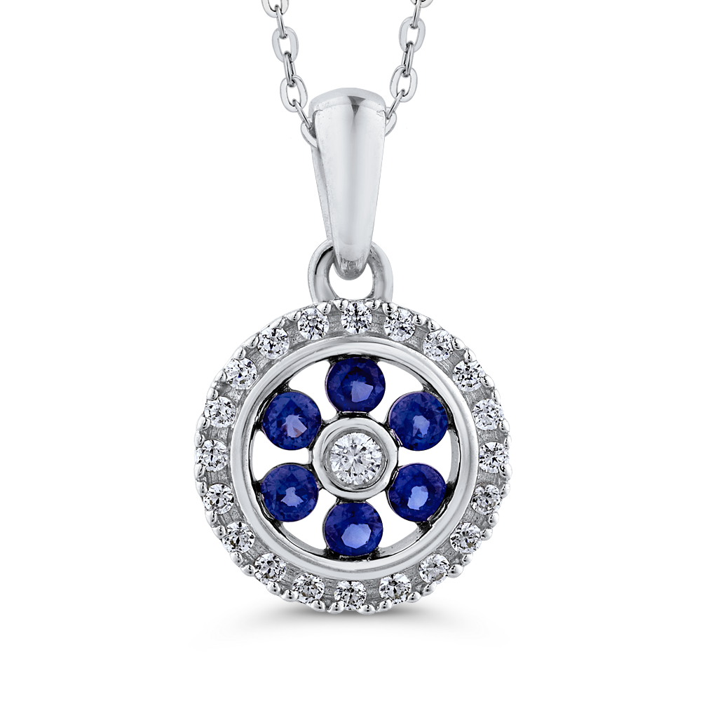 10K White Gold Round .14 ct Diamond & .12 ct Blue Sapphire Fashion Pendant with Chain