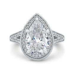 Pear Diamond Halo Engagement Ring In 14K White Gold with Split Shank (Semi-Mount)