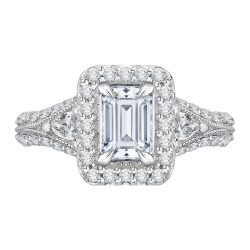 14K White Gold Split Shank Emerald Diamond Halo Engagement Ring with Split Shank (Semi-Mount)