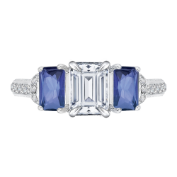 14K White Gold Emerald Diamond With Sapphire Three-Stone Engagement Ring (Semi-Mount)