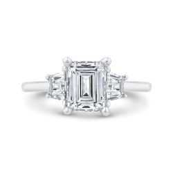 14K White Gold Three Stone Engagement Ring Center Emerald with Trapezoid sides Diamond