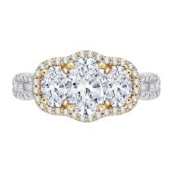 14K Two-Tone Gold Oval Cut Diamond Three-Stone Halo Engagement Ring (Semi-Mount)