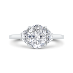 14K White Gold Three Stone Engagement Ring Center Oval with Half-moon sides Diamond