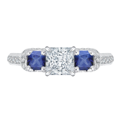 14K White Gold Princess Diamond and Sapphire Three-Stone Engagement Ring (Semi-Mount)
