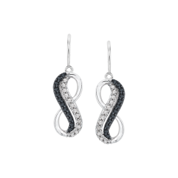 Two Row Black and White Diamond Infinity Dangle Earrings in 10K White Gold (1/5 cttw)
