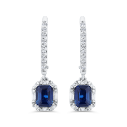 14K White Gold Pronge Set Diamond Leverback Earrings with Center Sapphire