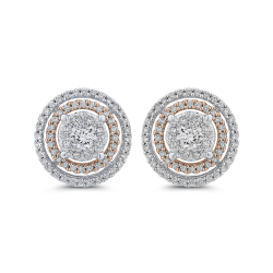 14K Two-Tone Gold Round Diamond Double Halo Stud Earrings