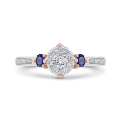 14K Two-Tone Gold Round Diamond Three-Stone Engagement Ring with Blue Sapphire