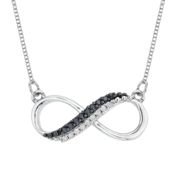 Two Row Infinity Black and White Diamond Pendant with Chain in Sterling Silver (0.07 cttw)