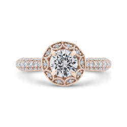 14K Rose Gold Round Halo Diamond Cathedral Style Engagement Ring