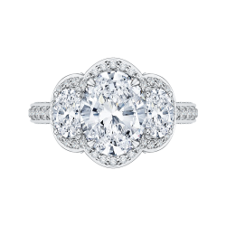 18K White Gold Oval Diamond Three-Stone Halo Engagement Ring (Semi-Mount)