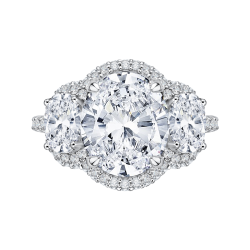 14K White Gold Oval Diamond Three-Stone Halo Engagement Ring (Semi-Mount)