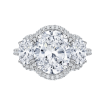 18K White Gold Oval Diamond Three-Stone Halo Engagement Ring (Semi-Mount)